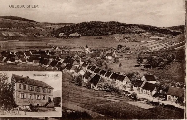 Postkarte Oberdigisheim: Blick über den Ort, eingeklinkt die Brauerei Stingel mit Pferdefuhrwerk vor dem Haus