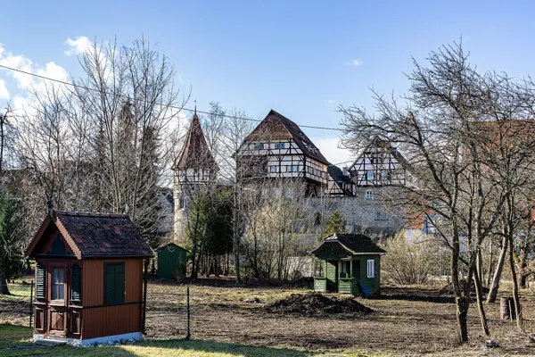 Das Zollernschloss in Balingen mit Fachwerk und Rundturm